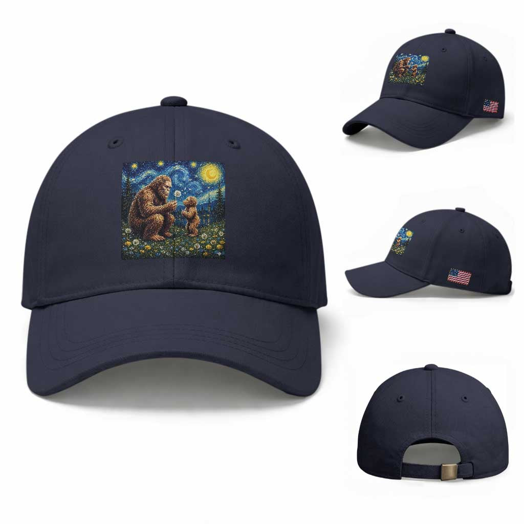 Bigfoot Blowing Dandelion Starry Night Baseball Cap Sasquatch Dad Fathers Day Father Son Matching