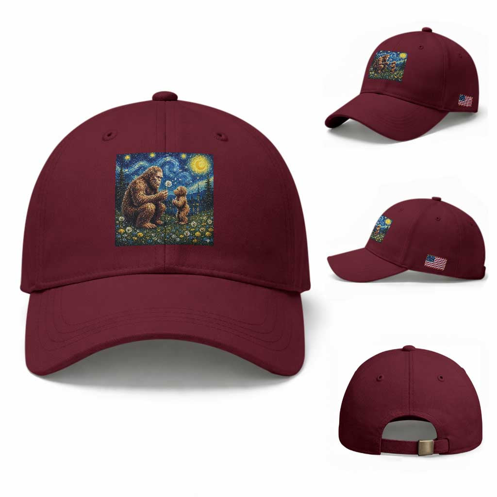 Bigfoot Blowing Dandelion Starry Night Baseball Cap Sasquatch Dad Fathers Day Father Son Matching