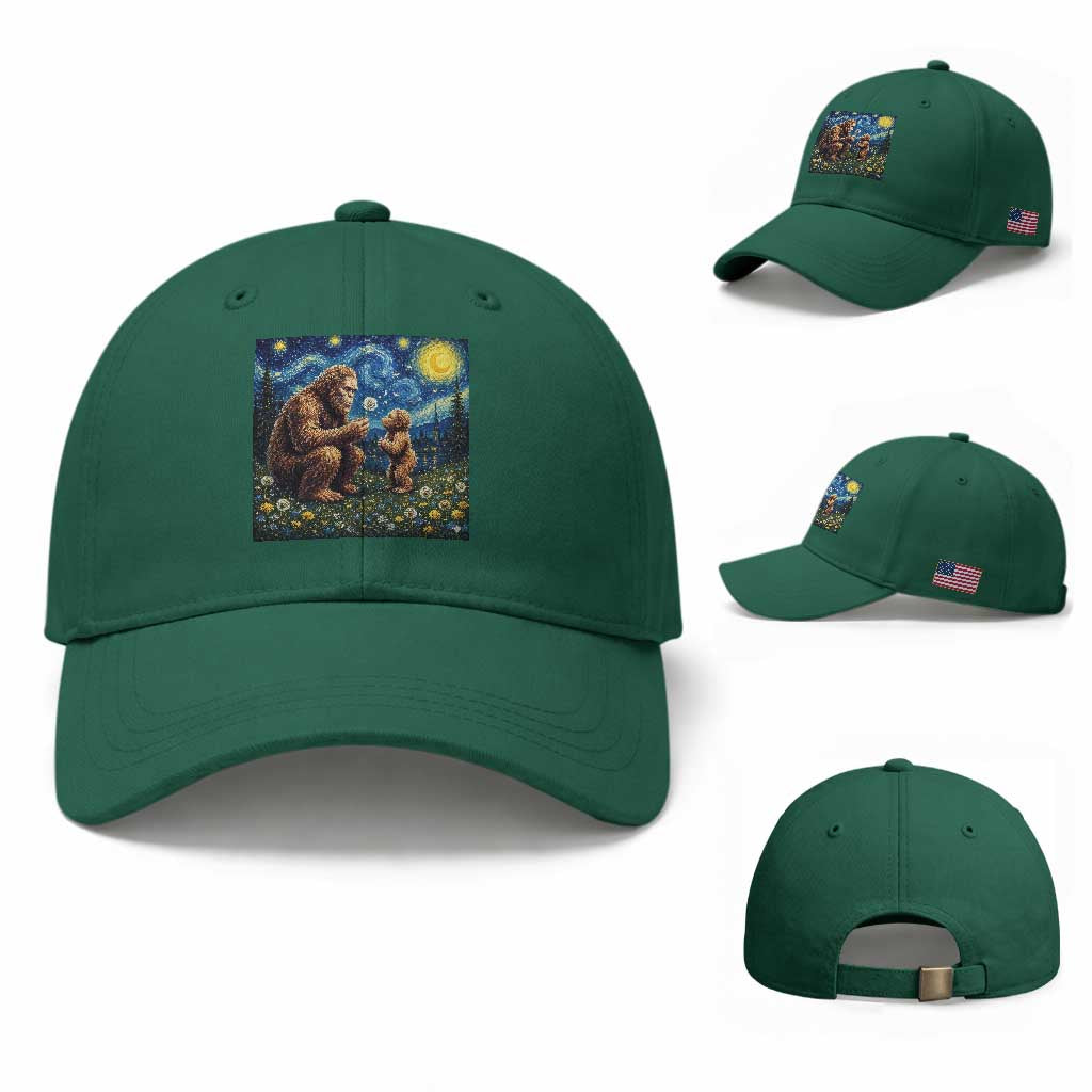 Bigfoot Blowing Dandelion Starry Night Baseball Cap Sasquatch Dad Fathers Day Father Son Matching