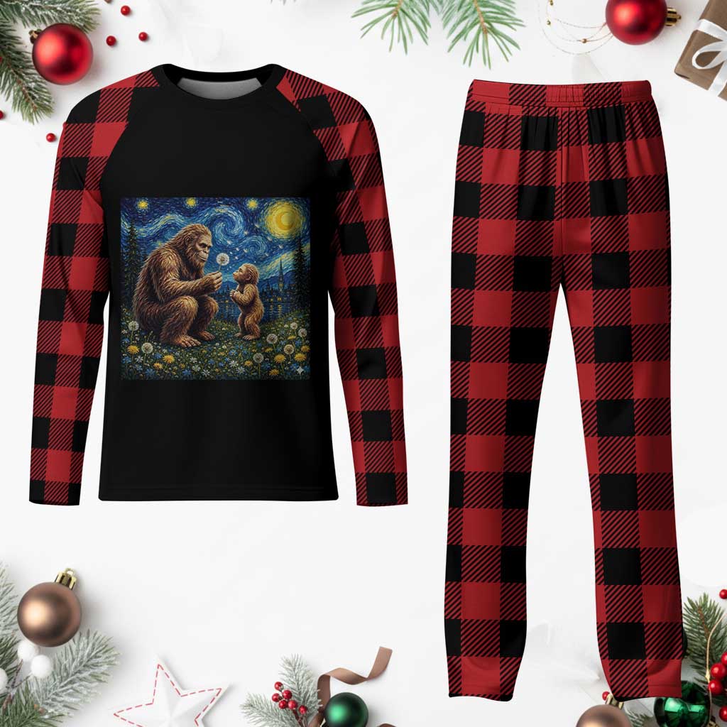 Bigfoot Blowing Dandelion Starry Night Plaid Pajama Set Sasquatch Dad Fathers Day Father Son Matching