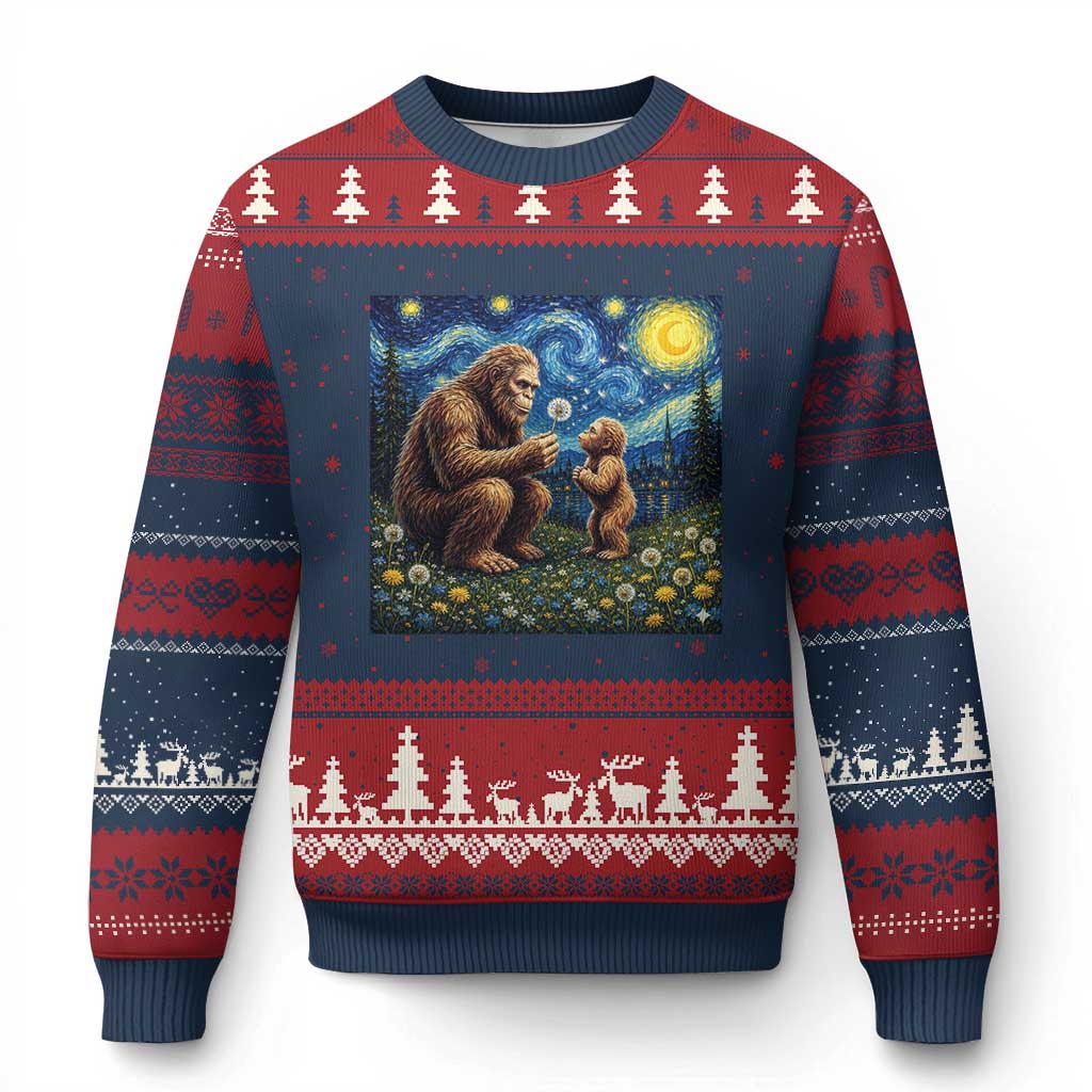 Bigfoot Blowing Dandelion Starry Night Ugly Christmas Sweater Sasquatch Dad Fathers Day Father Son Matching