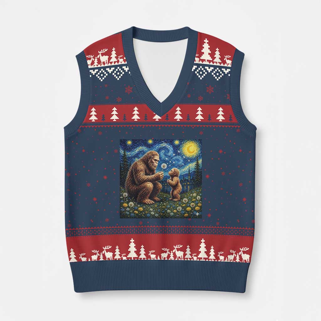 Bigfoot Blowing Dandelion Starry Night V-Neck Knit Sweater Vest Sasquatch Dad Fathers Day Father Son Matching