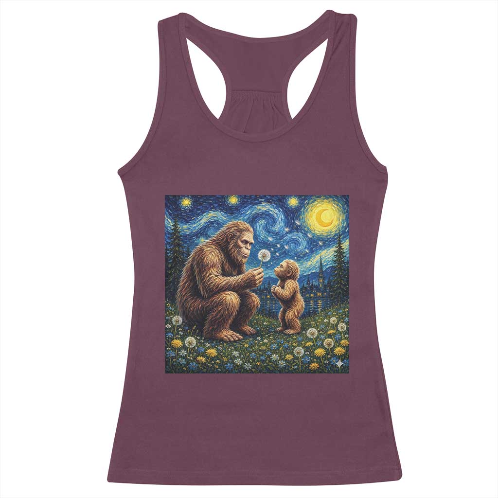 Bigfoot Blowing Dandelion Starry Night Racerback Tank Top Sasquatch Dad Fathers Day Father Son Matching