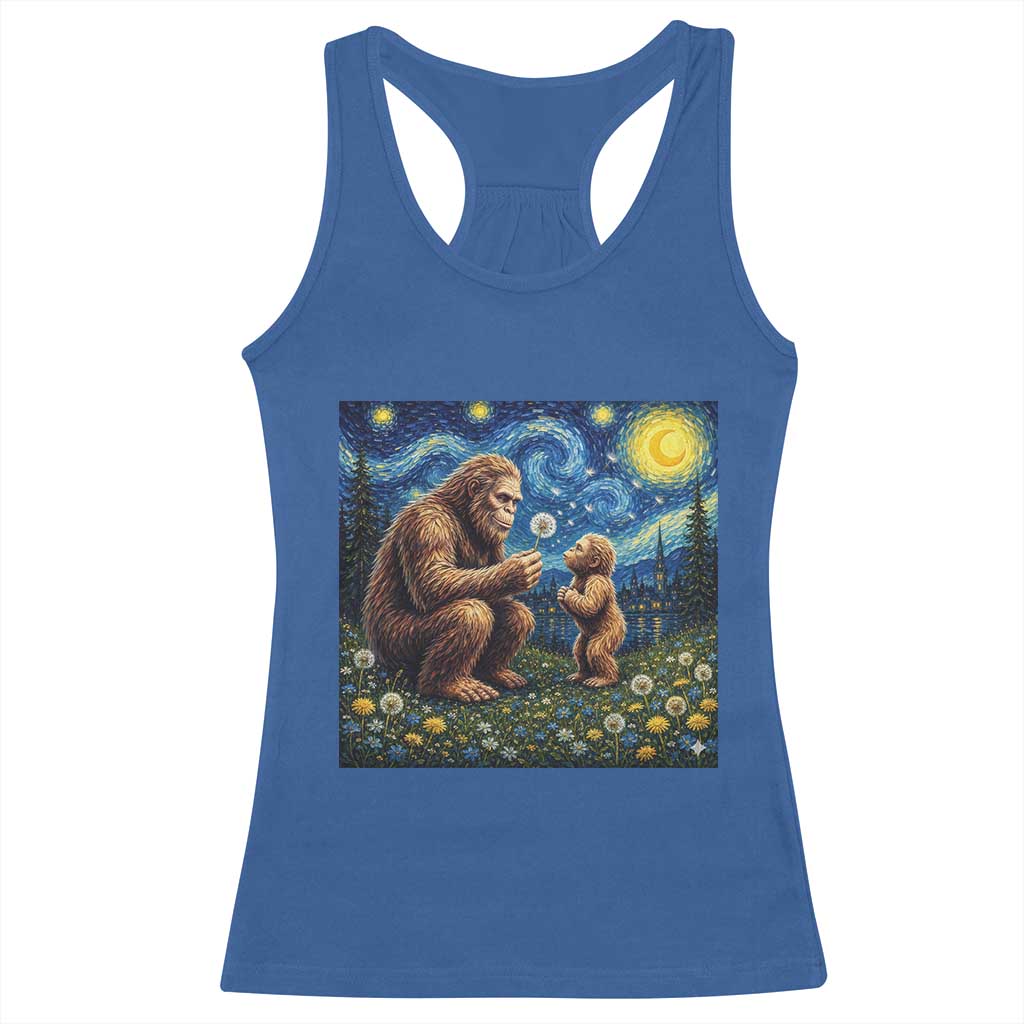 Bigfoot Blowing Dandelion Starry Night Racerback Tank Top Sasquatch Dad Fathers Day Father Son Matching