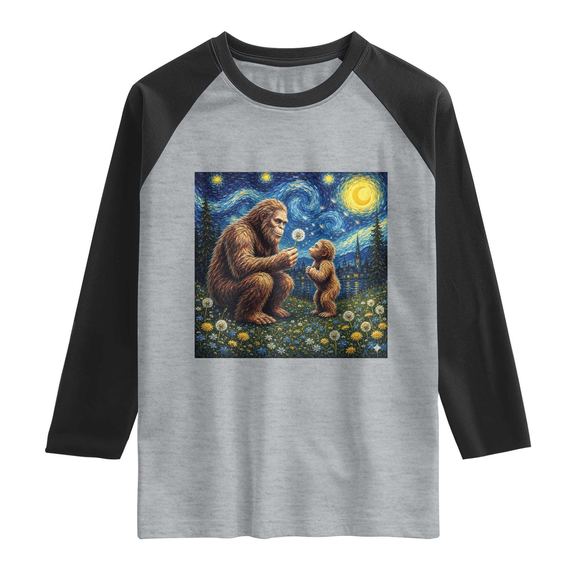 Bigfoot Blowing Dandelion Starry Night Raglan Shirt Sasquatch Dad Fathers Day Father Son Matching