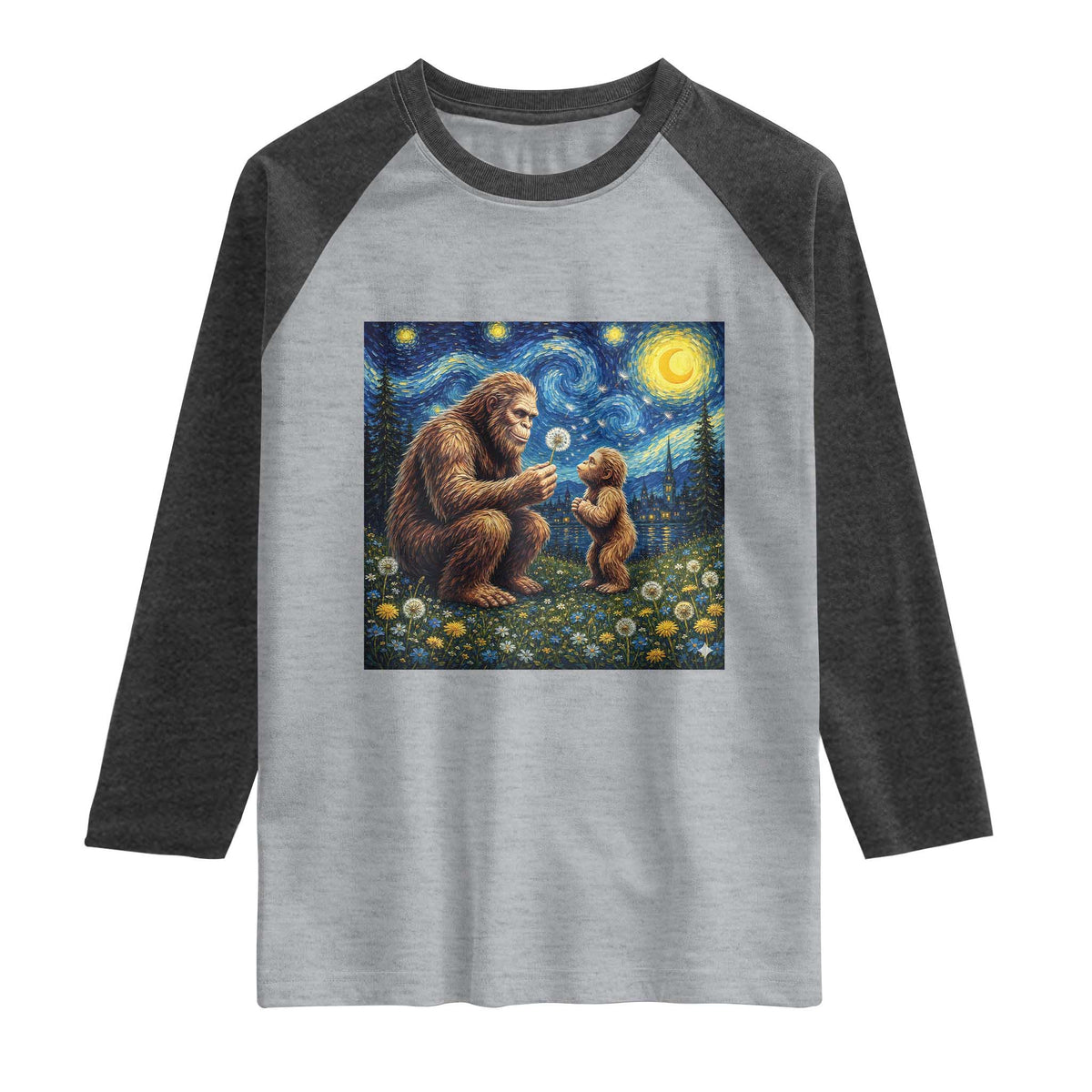 Bigfoot Blowing Dandelion Starry Night Raglan Shirt Sasquatch Dad Fathers Day Father Son Matching