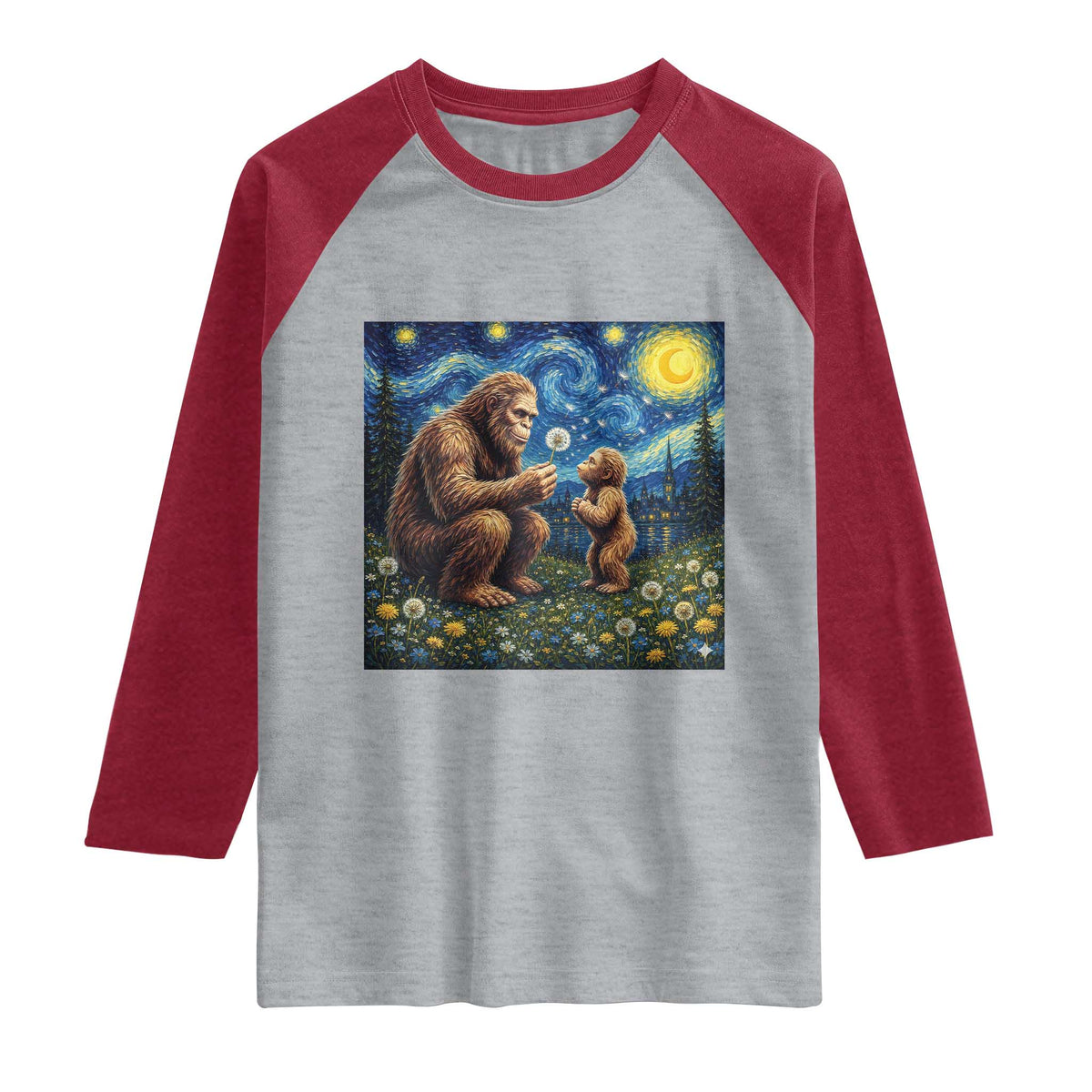 Bigfoot Blowing Dandelion Starry Night Raglan Shirt Sasquatch Dad Fathers Day Father Son Matching