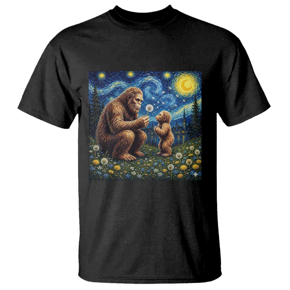 Bigfoot Blowing Dandelion Starry Night T Shirt Sasquatch Dad Fathers Day Father Son Matching