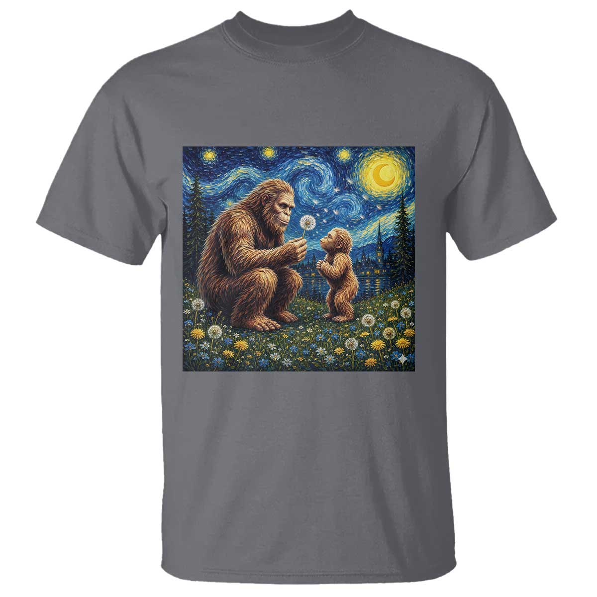Bigfoot Blowing Dandelion Starry Night T Shirt Sasquatch Dad Fathers Day Father Son Matching