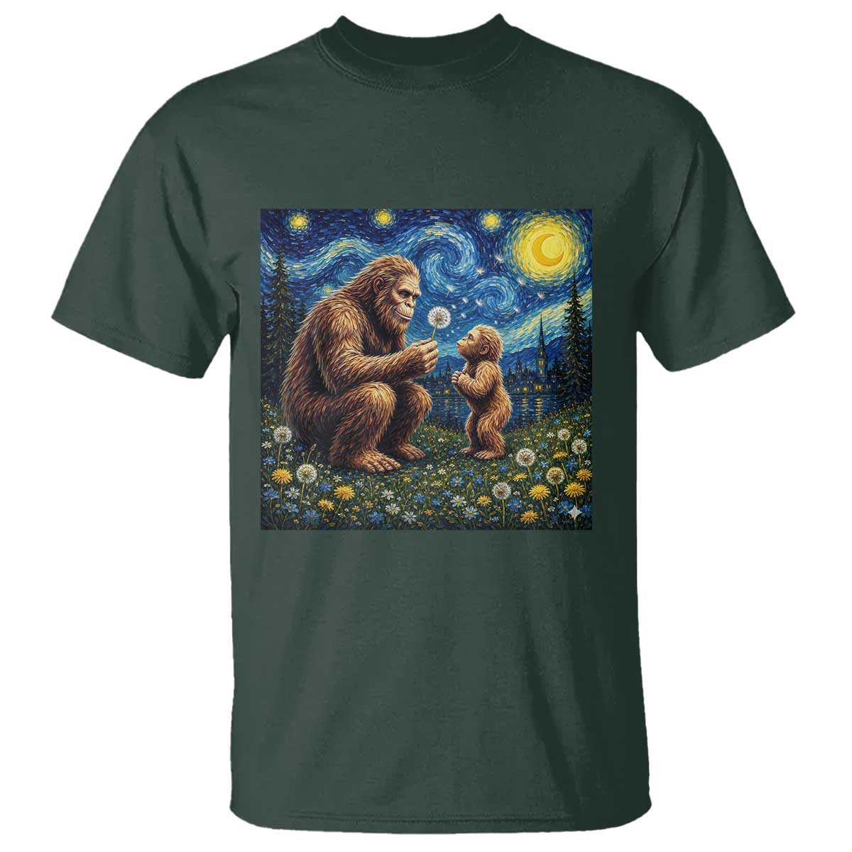 Bigfoot Blowing Dandelion Starry Night T Shirt Sasquatch Dad Fathers Day Father Son Matching