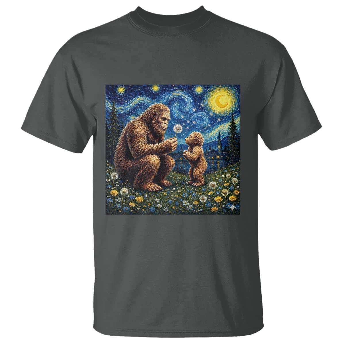 Bigfoot Blowing Dandelion Starry Night T Shirt Sasquatch Dad Fathers Day Father Son Matching