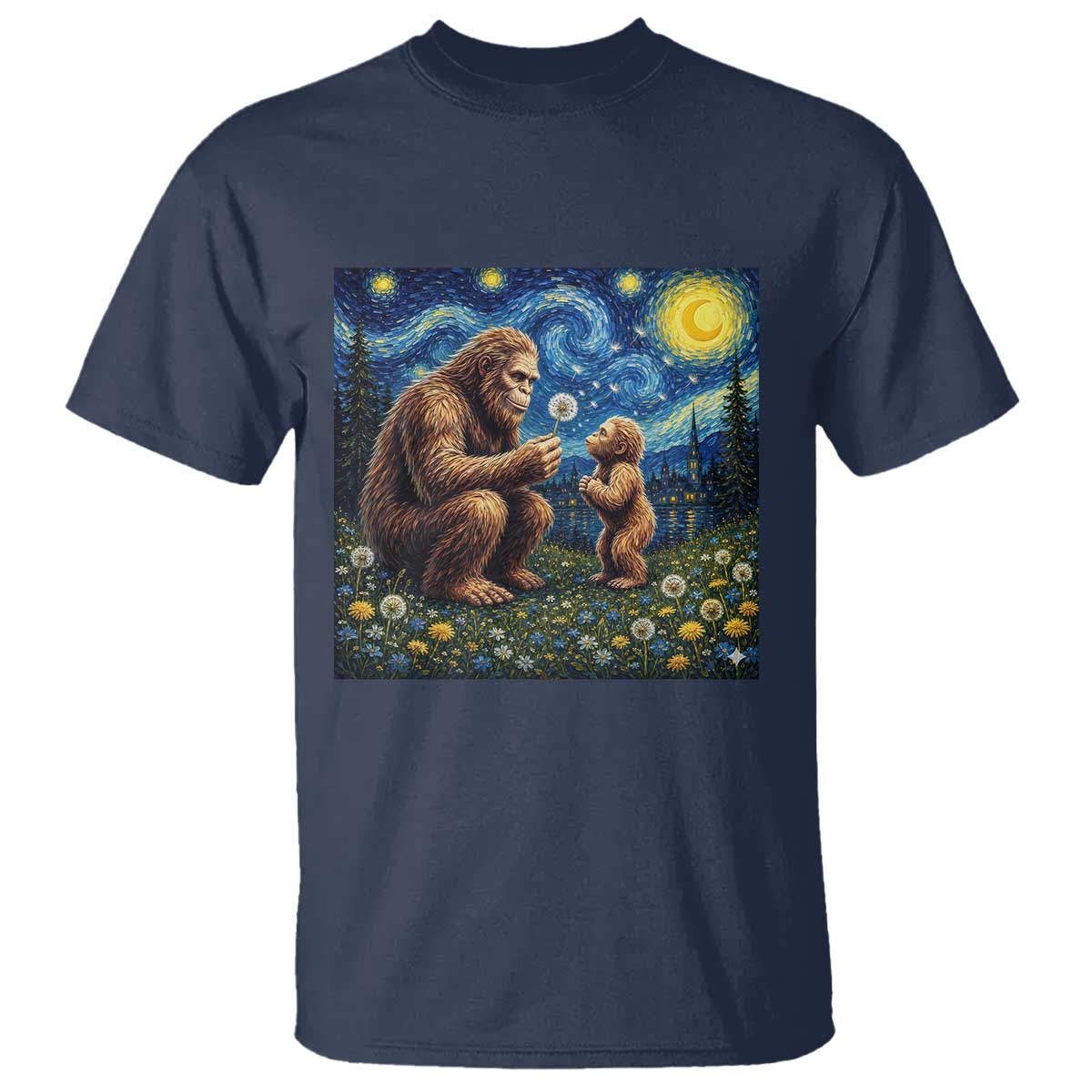 Bigfoot Blowing Dandelion Starry Night T Shirt Sasquatch Dad Fathers Day Father Son Matching