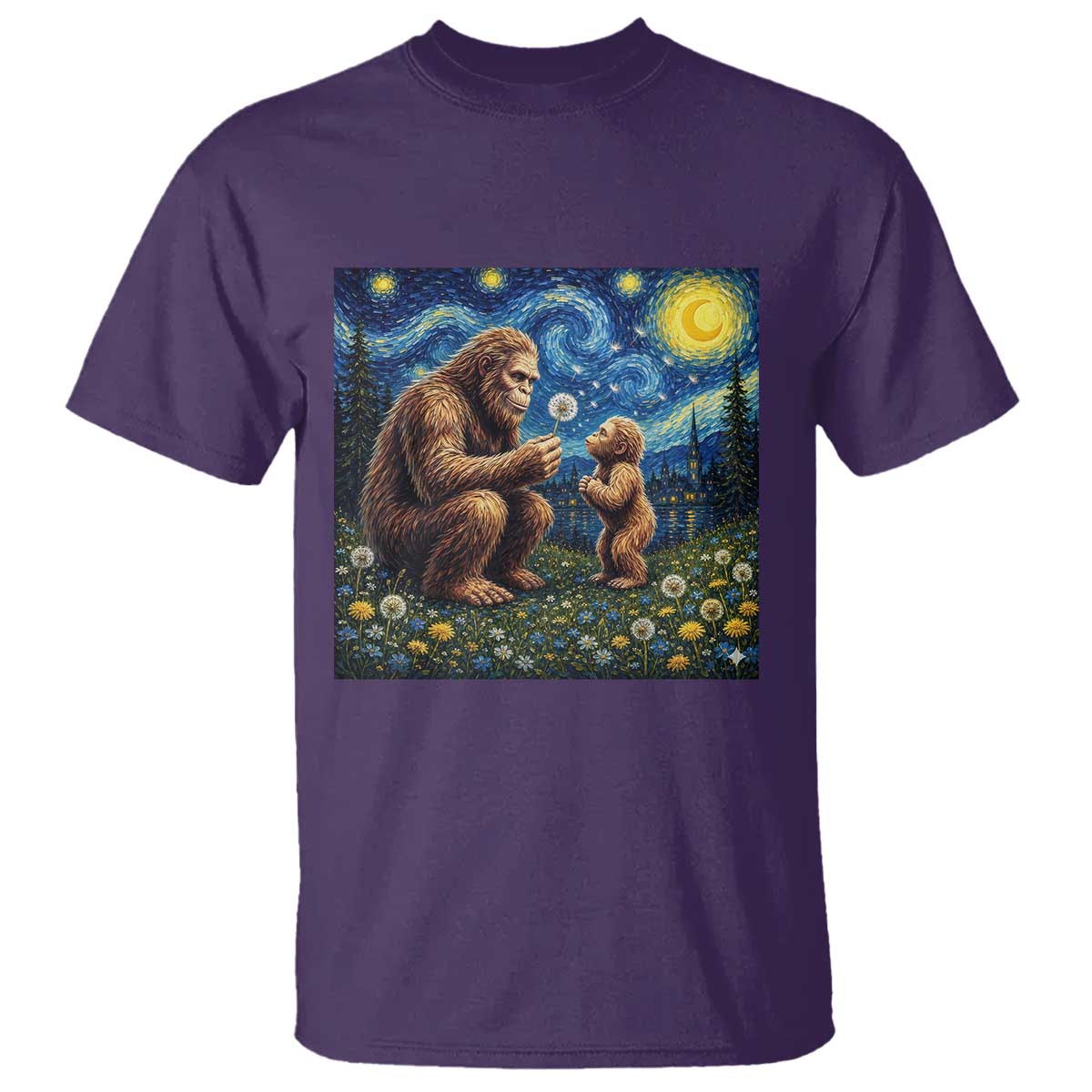 Bigfoot Blowing Dandelion Starry Night T Shirt Sasquatch Dad Fathers Day Father Son Matching