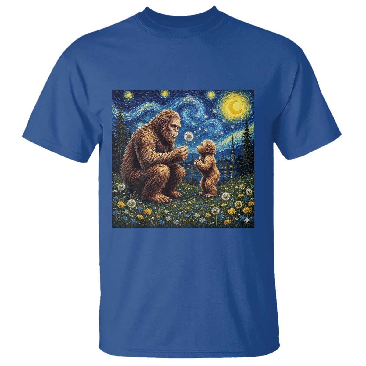 Bigfoot Blowing Dandelion Starry Night T Shirt Sasquatch Dad Fathers Day Father Son Matching