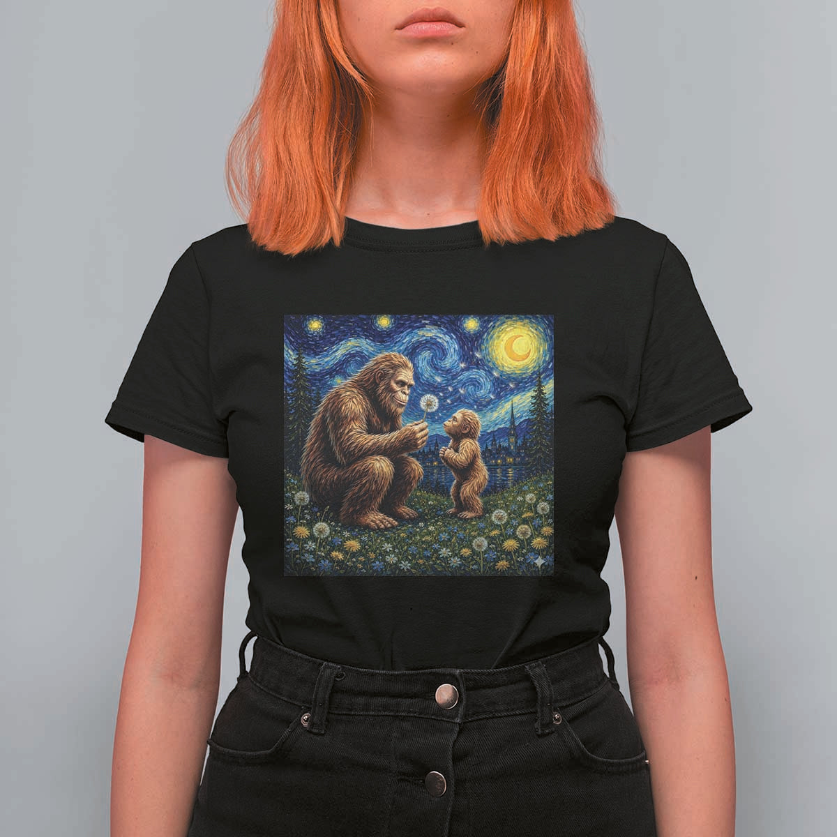 Bigfoot Blowing Dandelion Starry Night T Shirt For Women Sasquatch Dad Fathers Day Father Son Matching