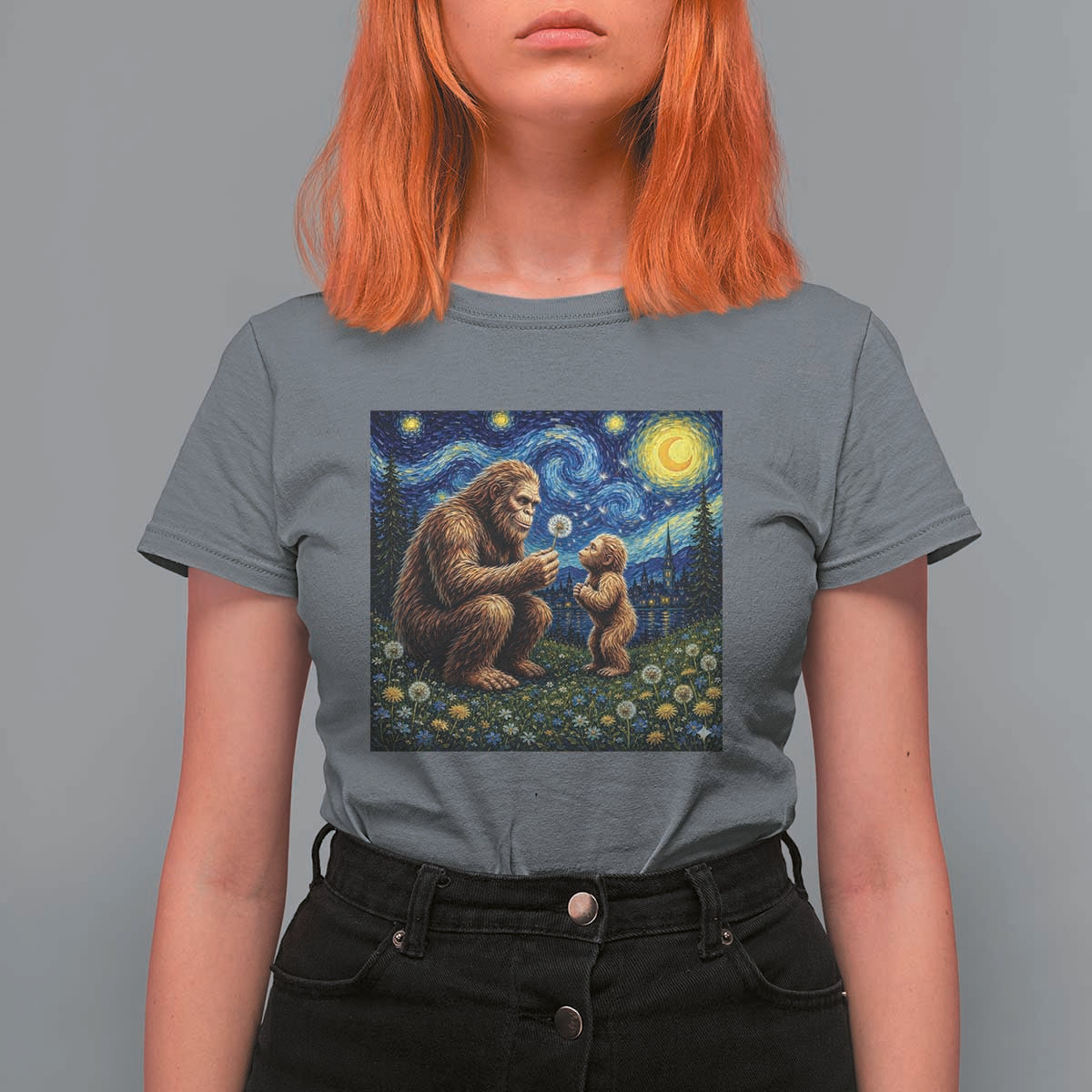 Bigfoot Blowing Dandelion Starry Night T Shirt For Women Sasquatch Dad Fathers Day Father Son Matching