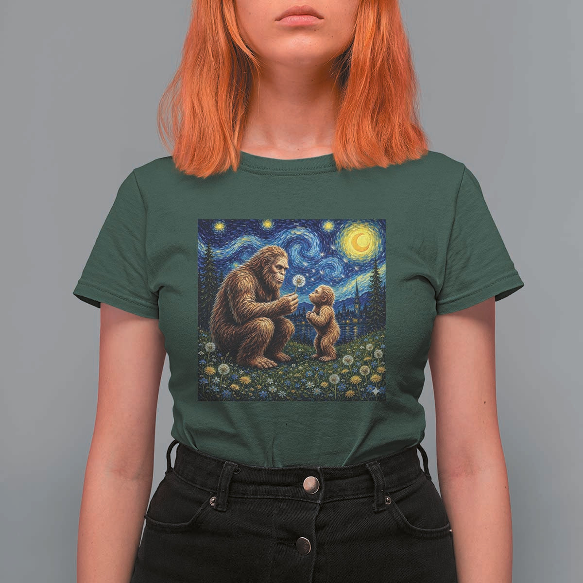 Bigfoot Blowing Dandelion Starry Night T Shirt For Women Sasquatch Dad Fathers Day Father Son Matching