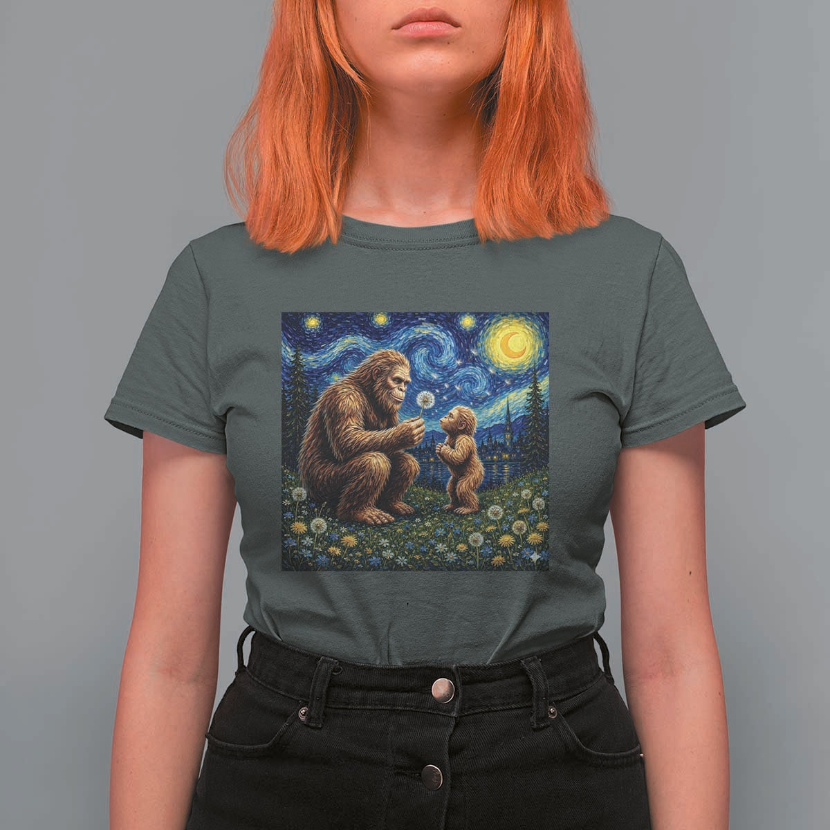 Bigfoot Blowing Dandelion Starry Night T Shirt For Women Sasquatch Dad Fathers Day Father Son Matching