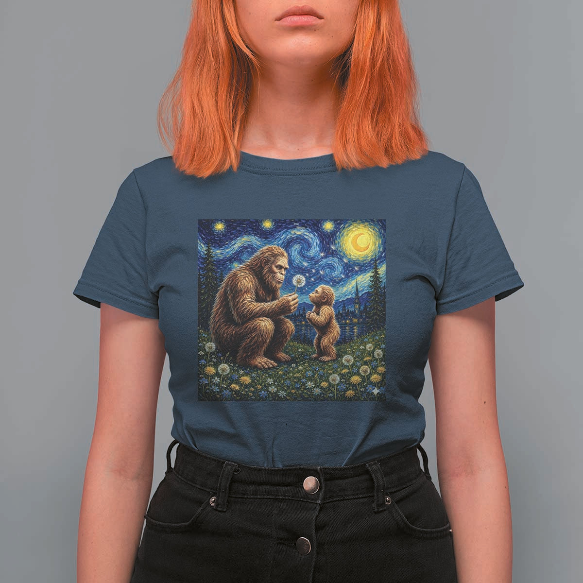 Bigfoot Blowing Dandelion Starry Night T Shirt For Women Sasquatch Dad Fathers Day Father Son Matching