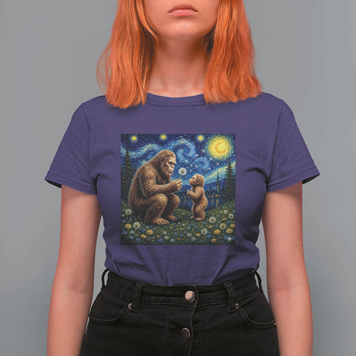 Bigfoot Blowing Dandelion Starry Night T Shirt For Women Sasquatch Dad Fathers Day Father Son Matching