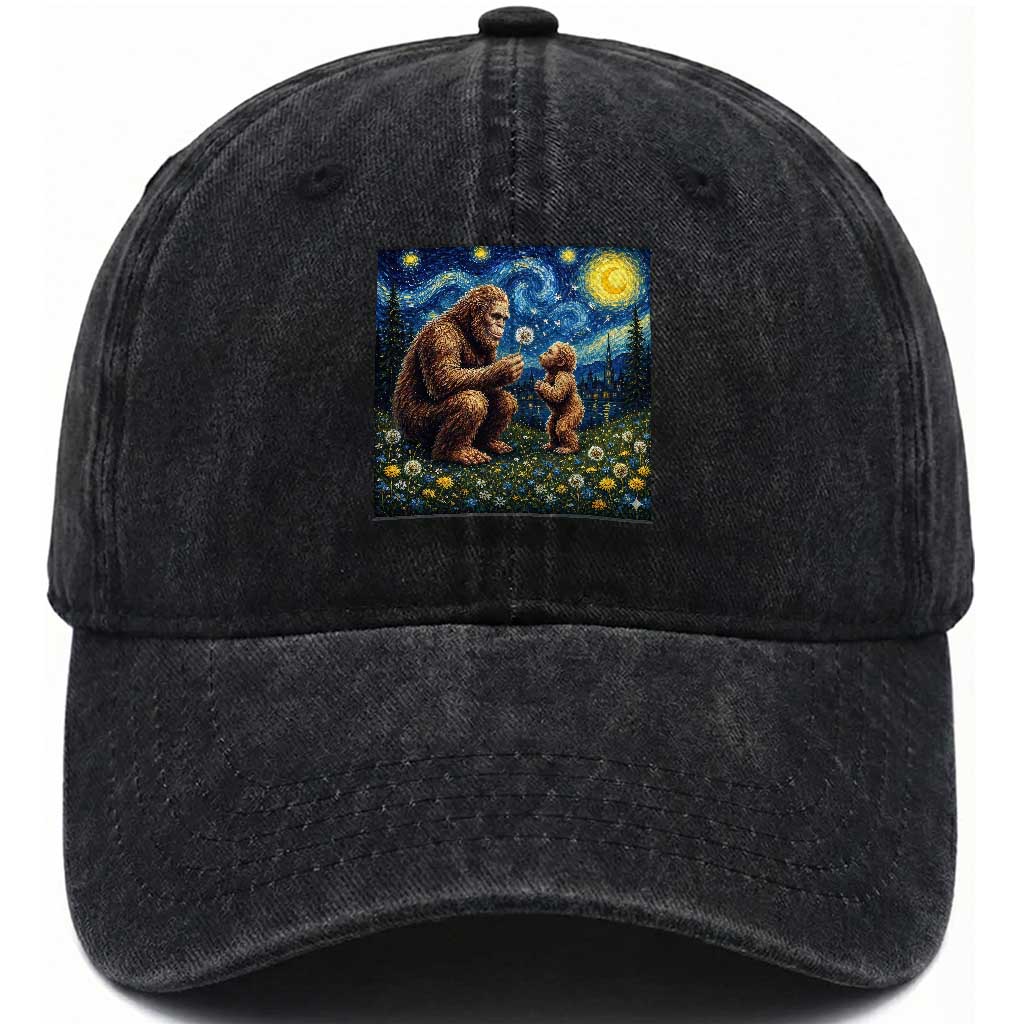 Bigfoot Blowing Dandelion Starry Night Washed Cotton Baseball Cap Sasquatch Dad Fathers Day Father Son Matching