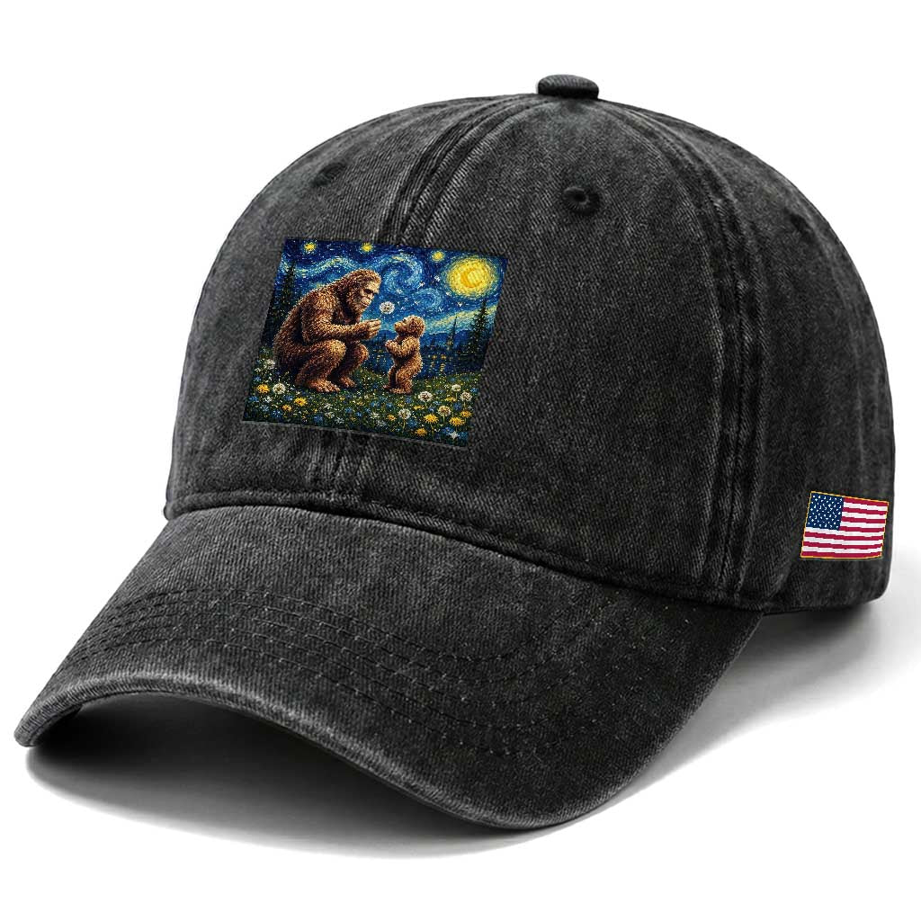 Bigfoot Blowing Dandelion Starry Night Washed Cotton Baseball Cap Sasquatch Dad Fathers Day Father Son Matching