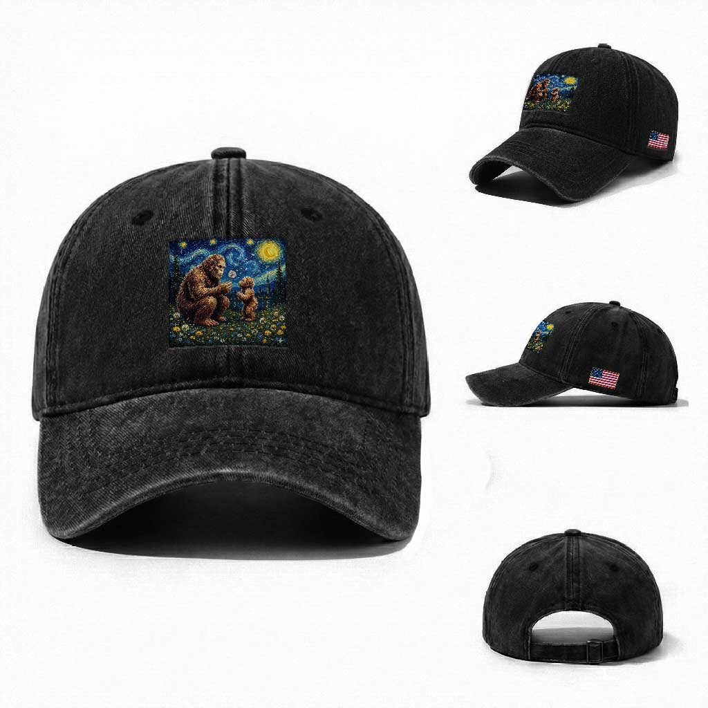 Bigfoot Blowing Dandelion Starry Night Washed Cotton Baseball Cap Sasquatch Dad Fathers Day Father Son Matching
