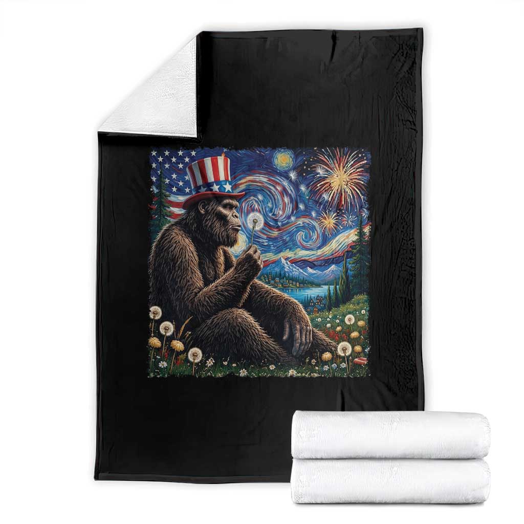 Bigfoot Blowing Dandelion Throw Blanket Sasquatch Van Gogh Starry Night 4th of July