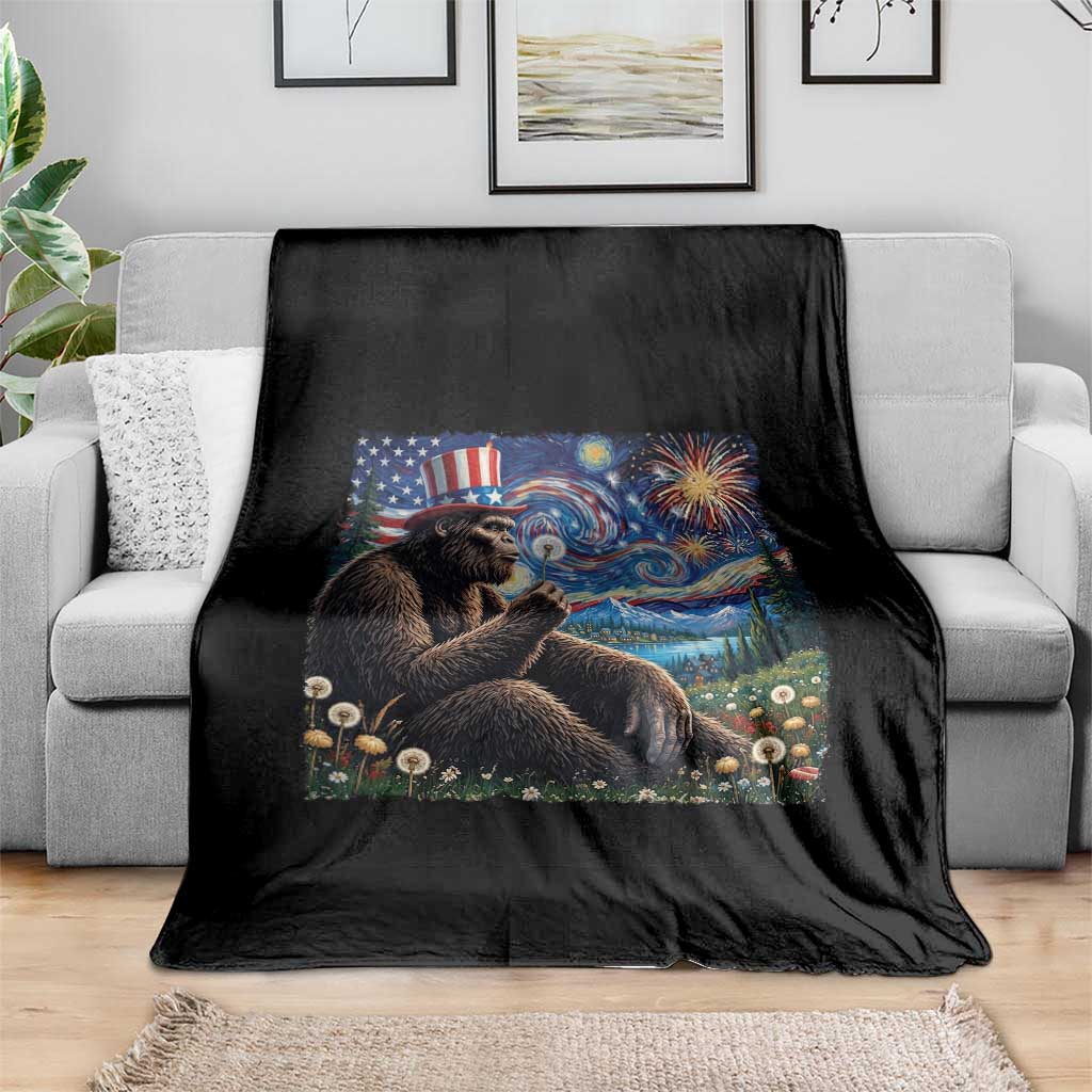 Bigfoot Blowing Dandelion Throw Blanket Sasquatch Van Gogh Starry Night 4th of July