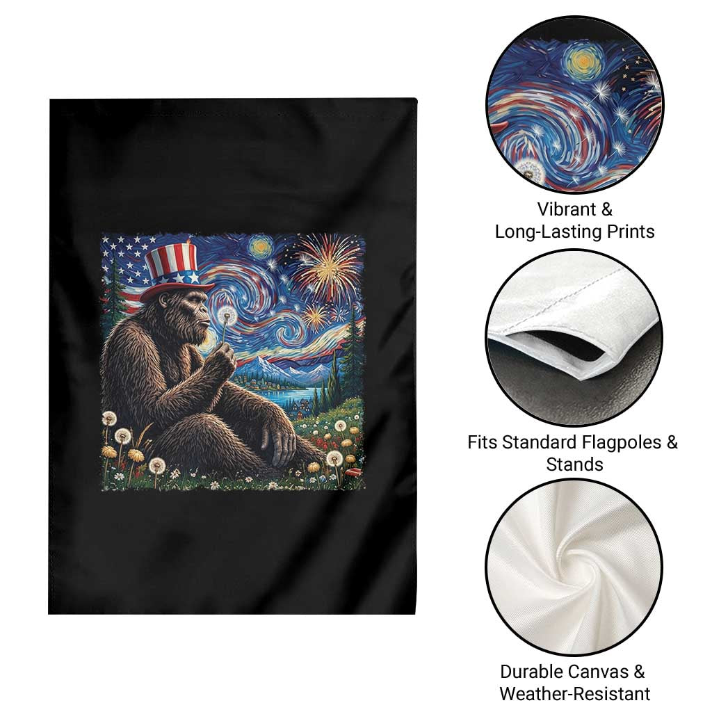 Bigfoot Blowing Dandelion Garden Flag Sasquatch Van Gogh Starry Night 4th of July