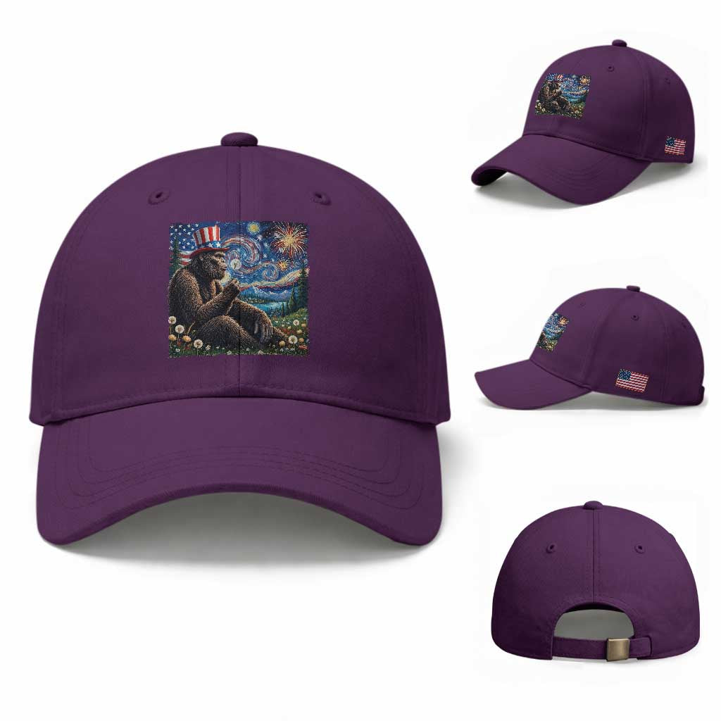 Bigfoot Blowing Dandelion Baseball Cap Sasquatch Van Gogh Starry Night 4th of July