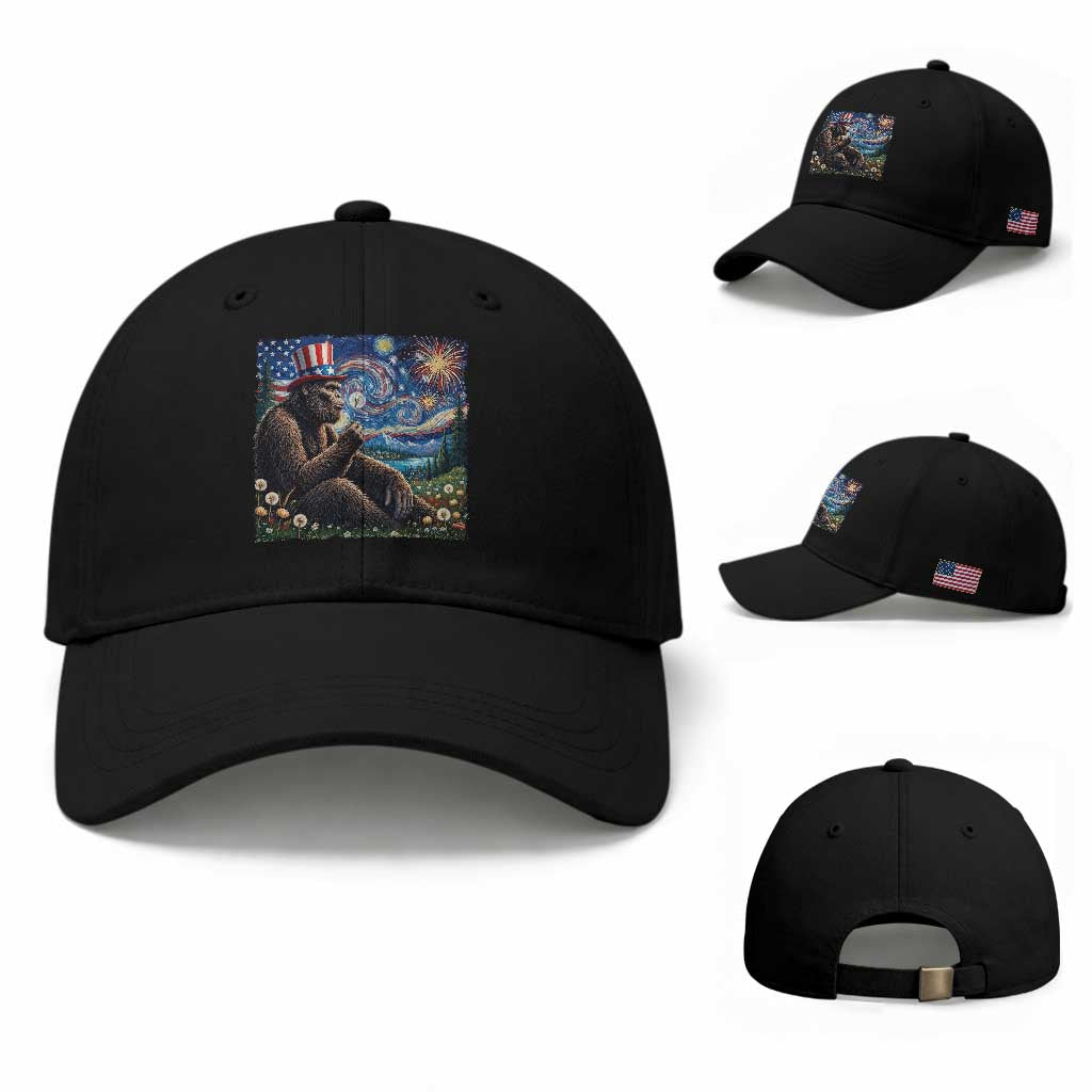 Bigfoot Blowing Dandelion Baseball Cap Sasquatch Van Gogh Starry Night 4th of July