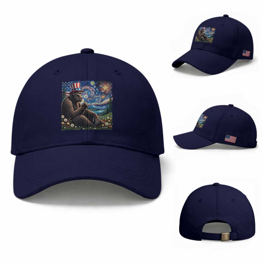 Bigfoot Blowing Dandelion Baseball Cap Sasquatch Van Gogh Starry Night 4th of July