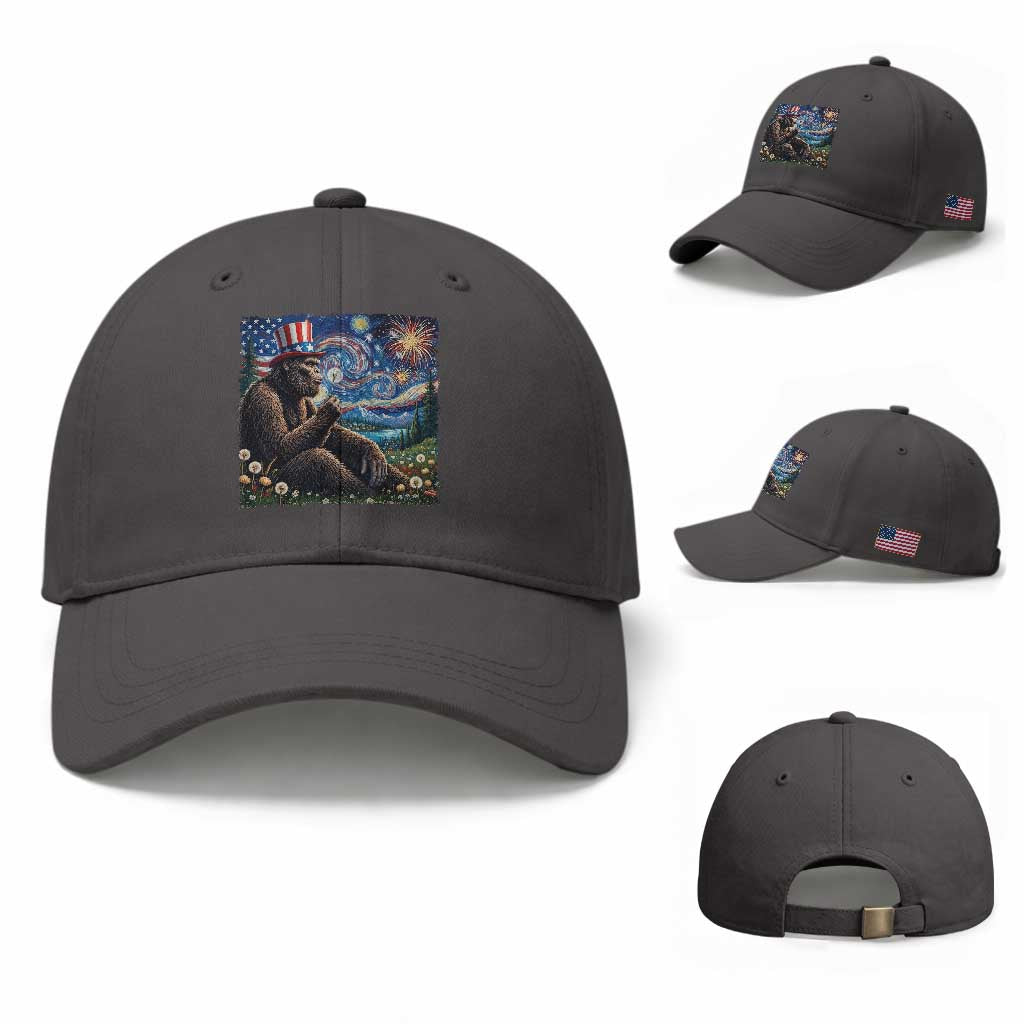 Bigfoot Blowing Dandelion Baseball Cap Sasquatch Van Gogh Starry Night 4th of July