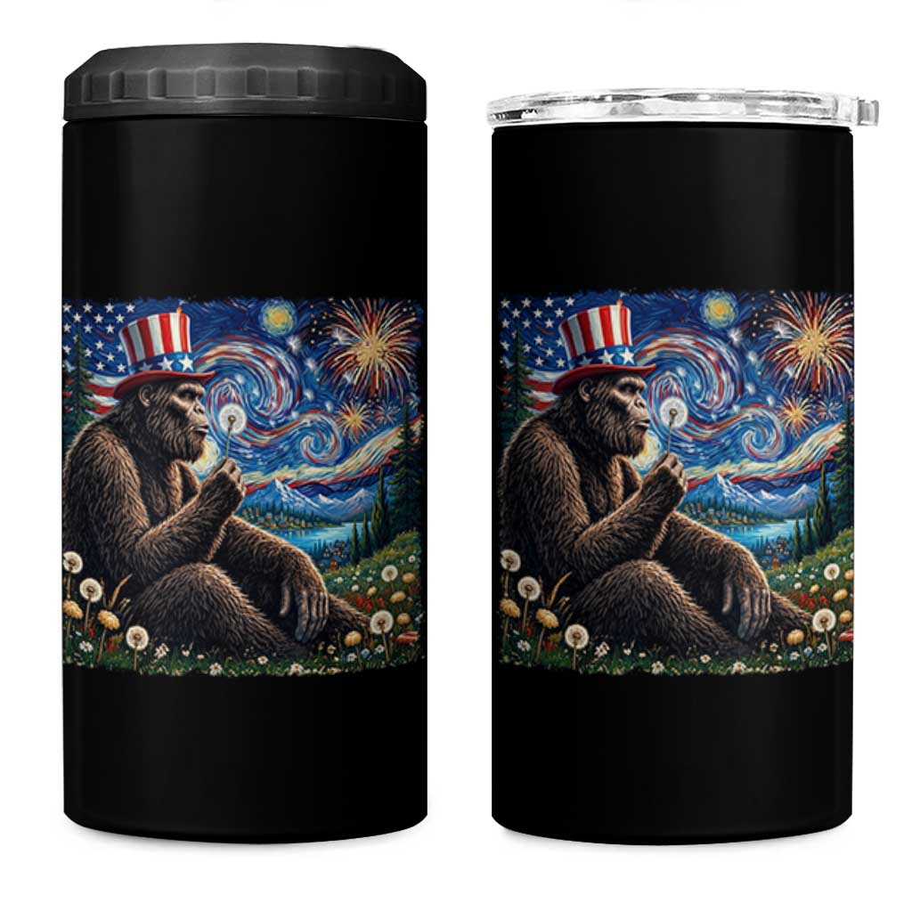Bigfoot Blowing Dandelion 4 in 1 Can Cooler Tumbler Sasquatch Van Gogh Starry Night 4th of July