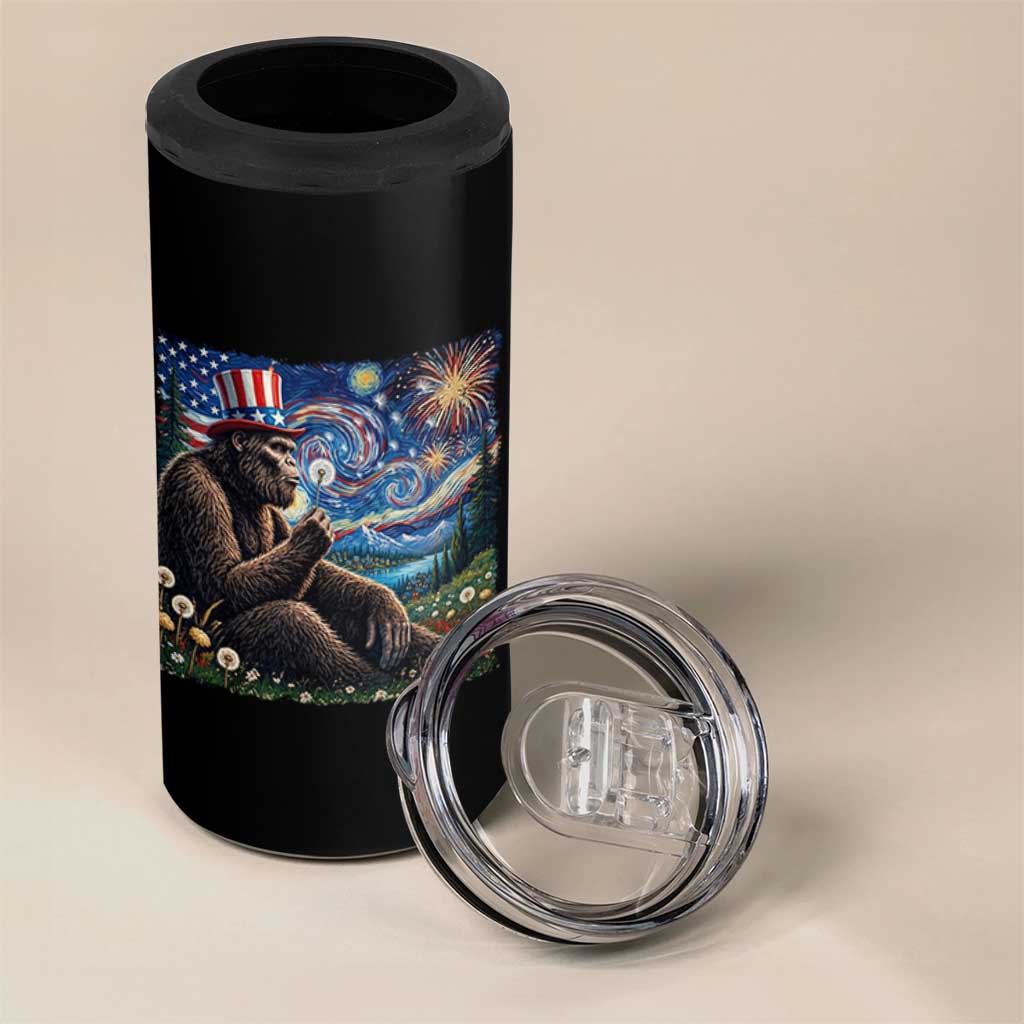 Bigfoot Blowing Dandelion 4 in 1 Can Cooler Tumbler Sasquatch Van Gogh Starry Night 4th of July