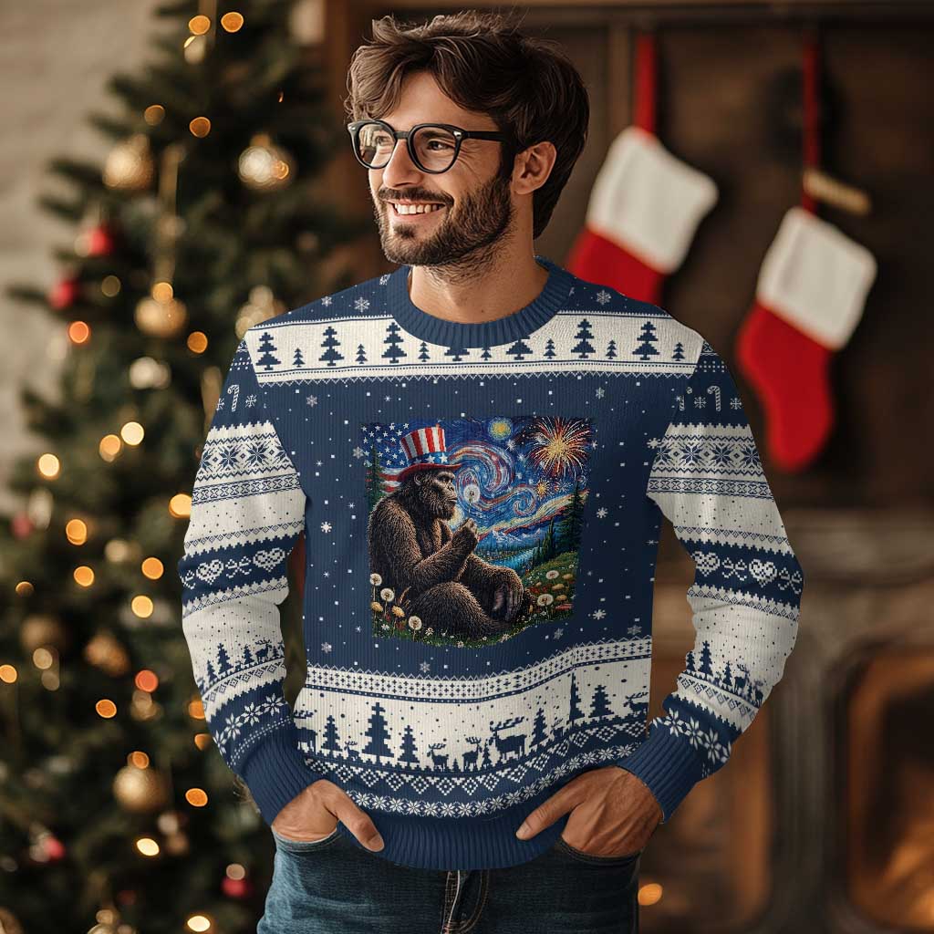 Bigfoot Blowing Dandelion Ugly Christmas Sweater Sasquatch Van Gogh Starry Night 4th of July