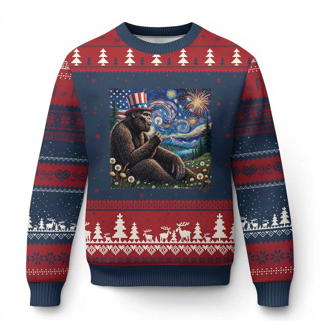 Bigfoot Blowing Dandelion Ugly Christmas Sweater Sasquatch Van Gogh Starry Night 4th of July