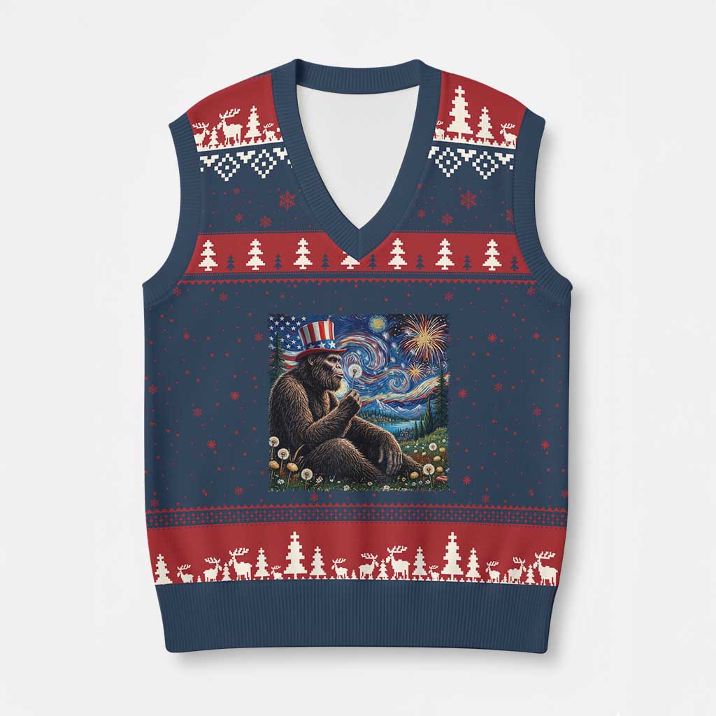 Bigfoot Blowing Dandelion V-Neck Knit Sweater Vest Sasquatch Van Gogh Starry Night 4th of July