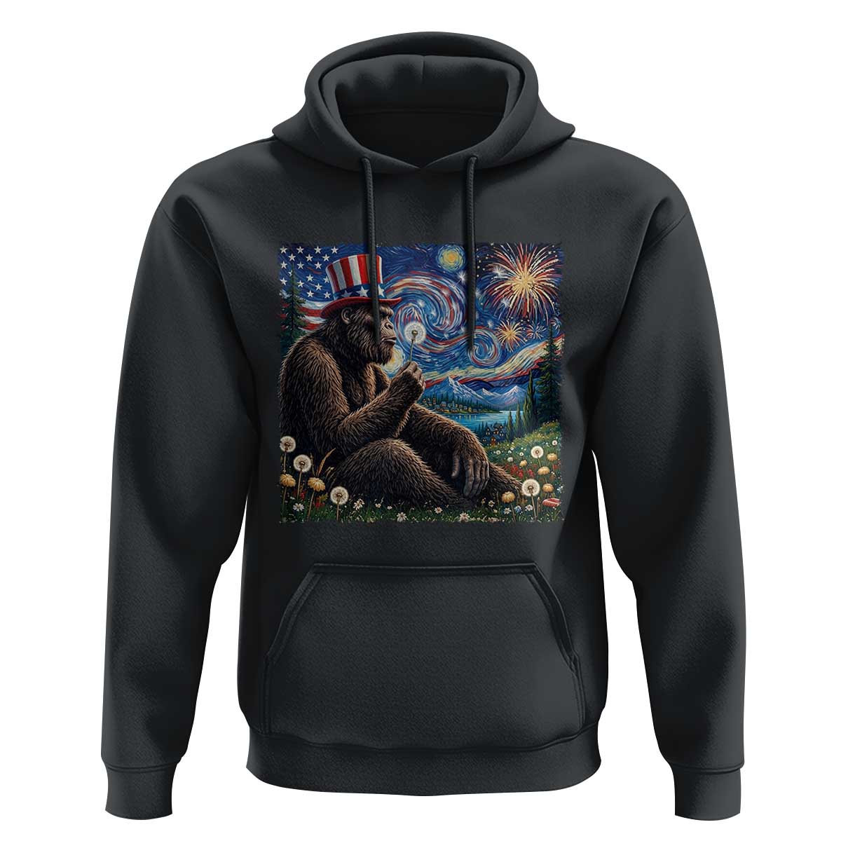 Bigfoot Blowing Dandelion Hoodie Sasquatch Van Gogh Starry Night 4th of July