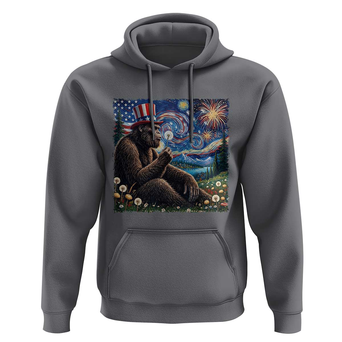 Bigfoot Blowing Dandelion Hoodie Sasquatch Van Gogh Starry Night 4th of July