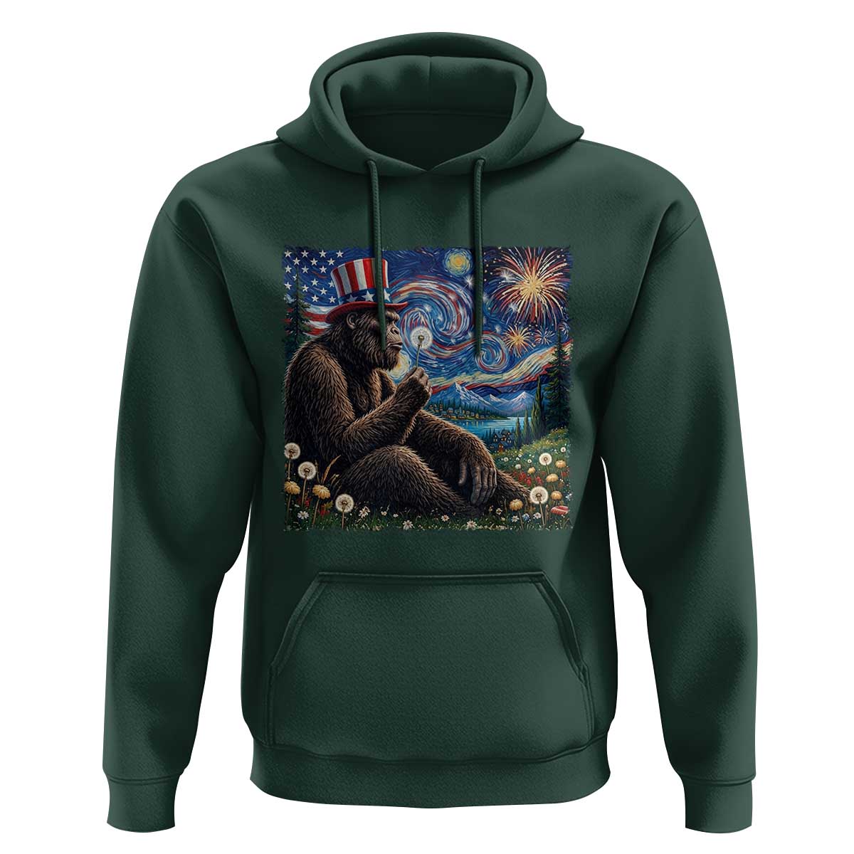 Bigfoot Blowing Dandelion Hoodie Sasquatch Van Gogh Starry Night 4th of July