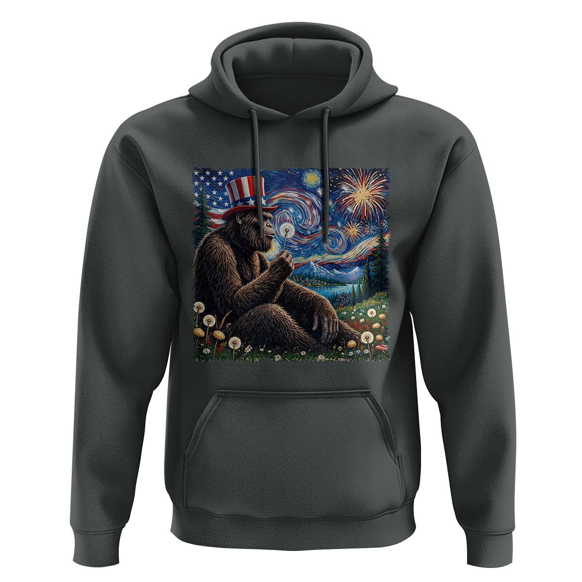 Bigfoot Blowing Dandelion Hoodie Sasquatch Van Gogh Starry Night 4th of July