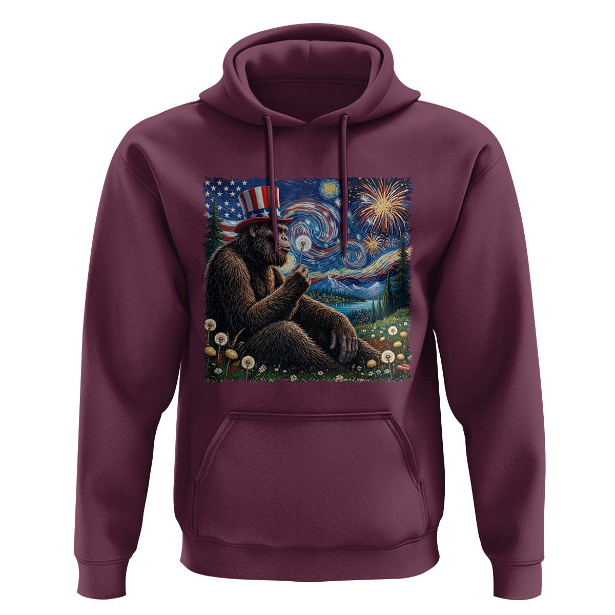 Bigfoot Blowing Dandelion Hoodie Sasquatch Van Gogh Starry Night 4th of July