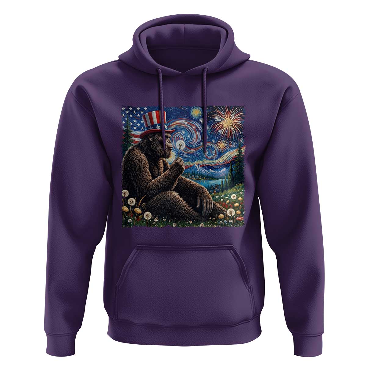 Bigfoot Blowing Dandelion Hoodie Sasquatch Van Gogh Starry Night 4th of July