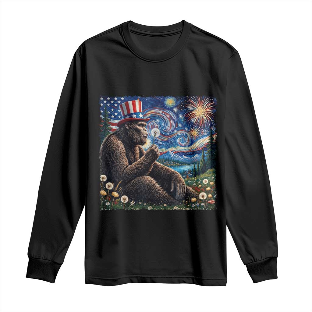 Bigfoot Blowing Dandelion Long Sleeve Shirt Sasquatch Van Gogh Starry Night 4th of July
