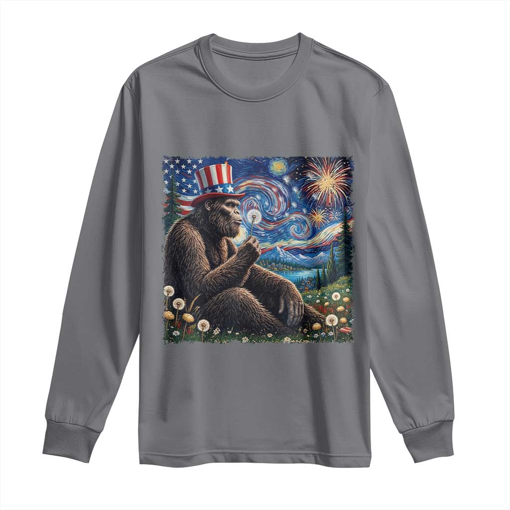 Bigfoot Blowing Dandelion Long Sleeve Shirt Sasquatch Van Gogh Starry Night 4th of July
