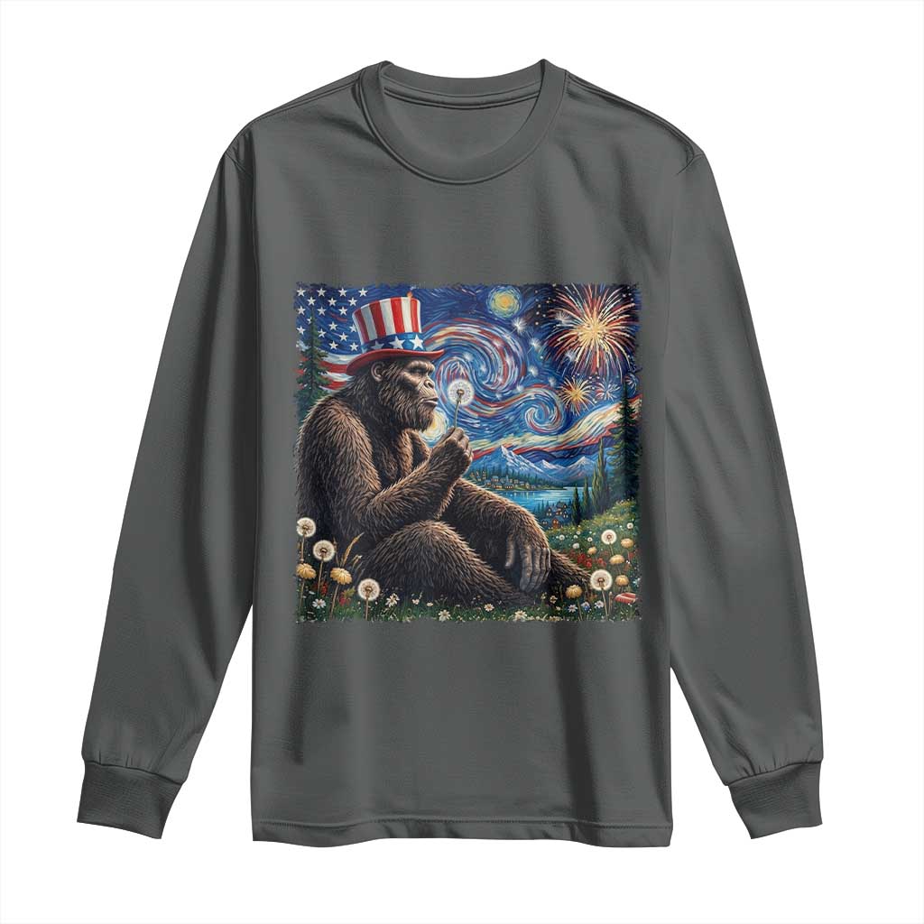 Bigfoot Blowing Dandelion Long Sleeve Shirt Sasquatch Van Gogh Starry Night 4th of July