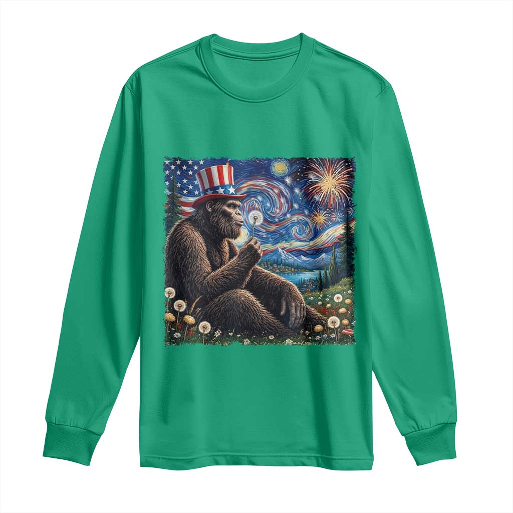 Bigfoot Blowing Dandelion Long Sleeve Shirt Sasquatch Van Gogh Starry Night 4th of July