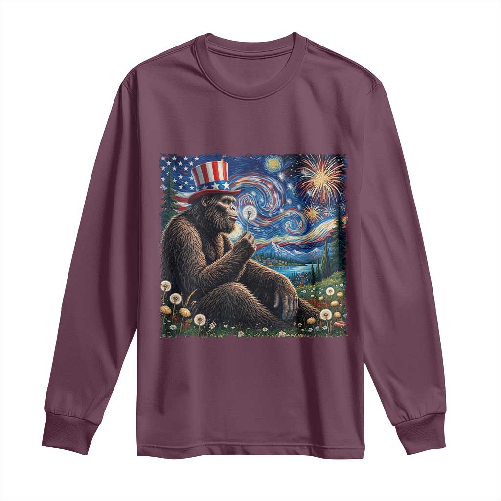 Bigfoot Blowing Dandelion Long Sleeve Shirt Sasquatch Van Gogh Starry Night 4th of July